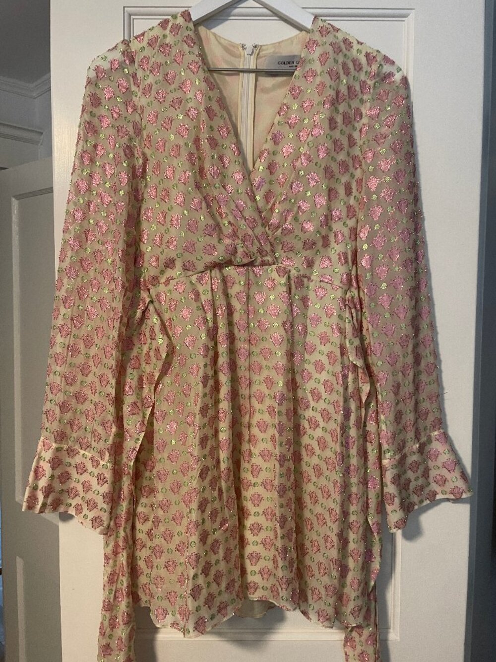 Golden Goose Metallic Jacquard Wrap Mini Dress Pink Green 36